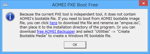 「Boot from AOMEI Windows PE or Linux System」選択時のメッセージ