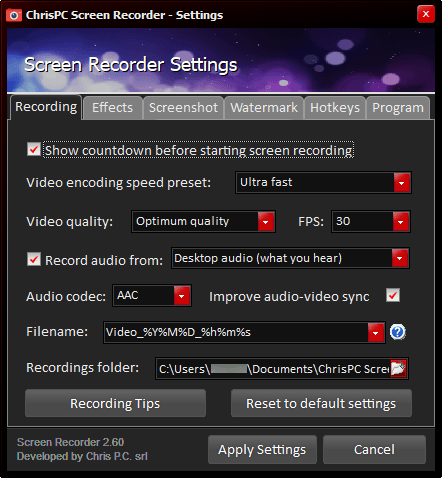 Settings - Recording