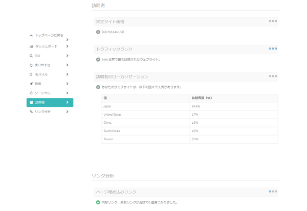 ウェブサイトの分析・アドバイス - 推定サイト価格、トラフィックランク…