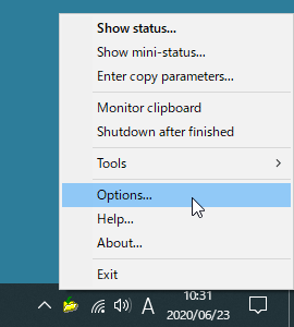 タスクトレイアイコンの右クリックメニューから「Options」をクリック