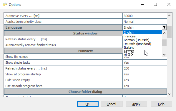 「Options」画面の「Language」から「日本語」を選択