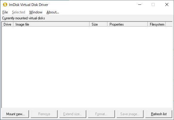 ImDisk Virtual Disk Driver - メイン画面