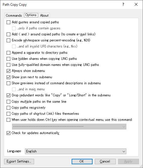 設定画面の「Options」タブ