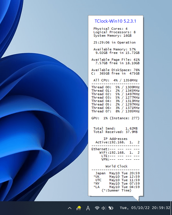 TClock-Win10 のスクリーンショット