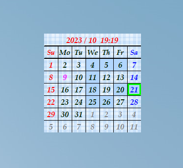 背景画像に「BlueCheck.bmp」、本日の日付の色を黄緑色に設定