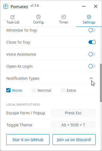 設定画面 - Notification Types（通知の種類）を選択