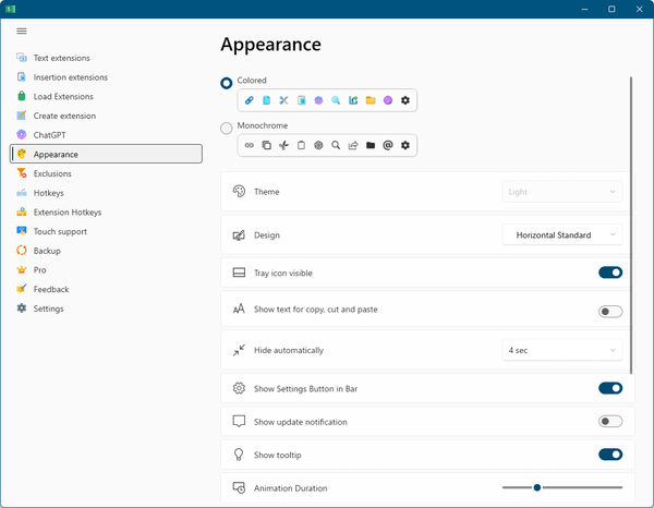 設定画面 - 「Appearance」画面