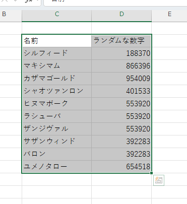 表にしたいセルを選択