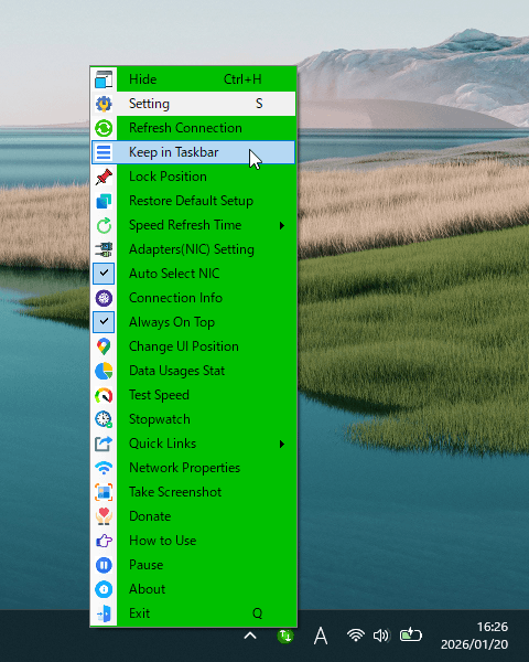システムトレイアイコンの右クリックメニュー「Keep in Taskbar」