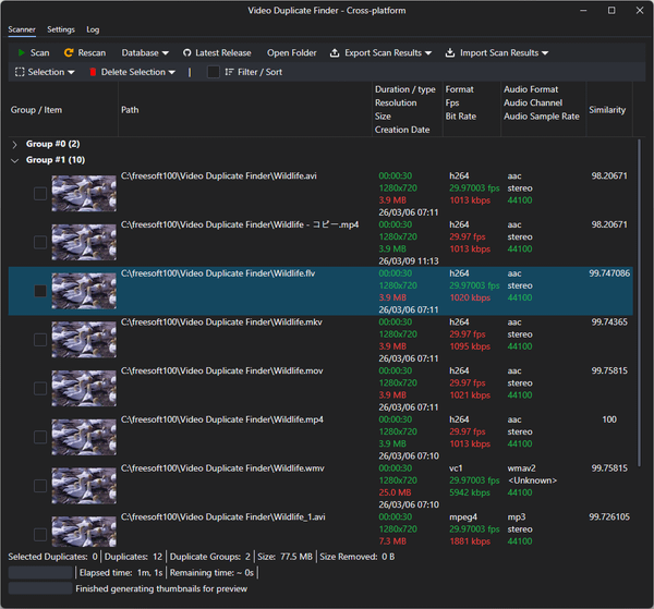 スキャン結果 - 検出された重複・類似ファイルをリスト表示